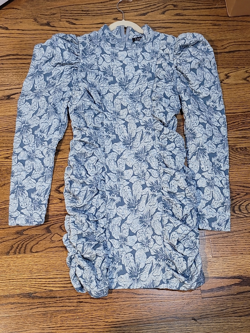 Fate Blue and White Floral Long-Sleeve Ruched Dress